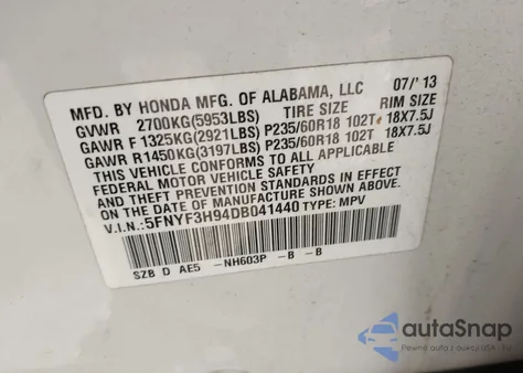 2013 Honda Pilot Touring from USA, damaged, VIN 5FNYF3H94DB041440